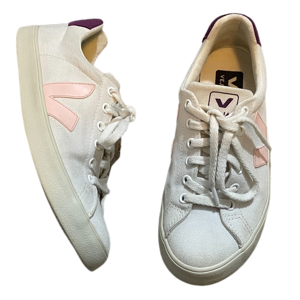 Veja White Canvas Sneakers with Pink V Logo and Purple Heel Tab